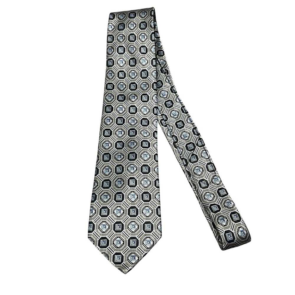 Pronto Uomo Couture Geometric Pattern Silk Tie‎ Beige, Black, Blue 0365